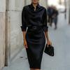 Women Satin Long Sleeve Dress Elegant Waist Design Cowl Neck Midi Dress with Belt for Summer Office Party