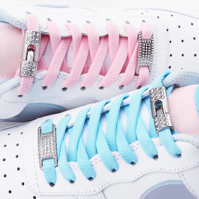 No Tie Shoe laces Elastic Laces Sneakers Tennis Silver Diamond buckle Shoelaces without ties Flat Shoelace for Shoes accessories