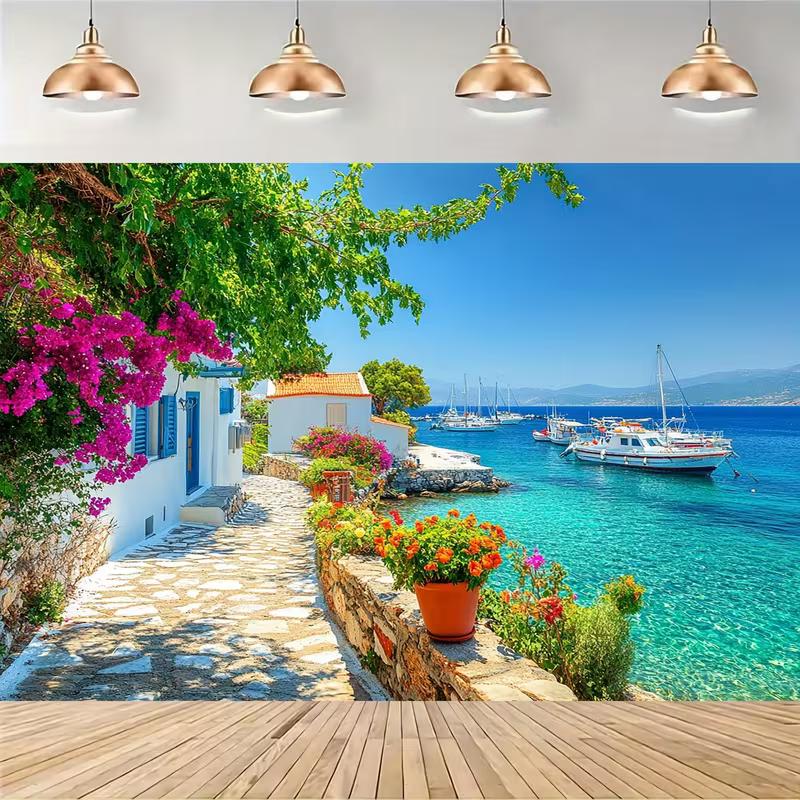 Sfondo Villaggio Greco sul Mare d'Estate Città Costiera Mare Blu Barca Sfondo per Servizio Fotografico