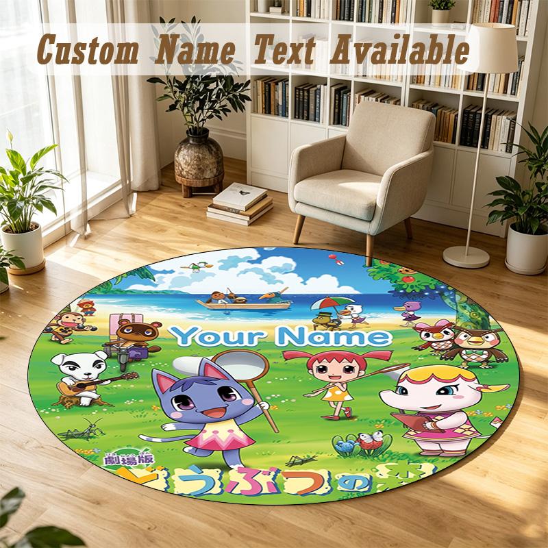 Animal Crossing Personalized Round Rug Support Custom Name, Soft Home Decor Mat