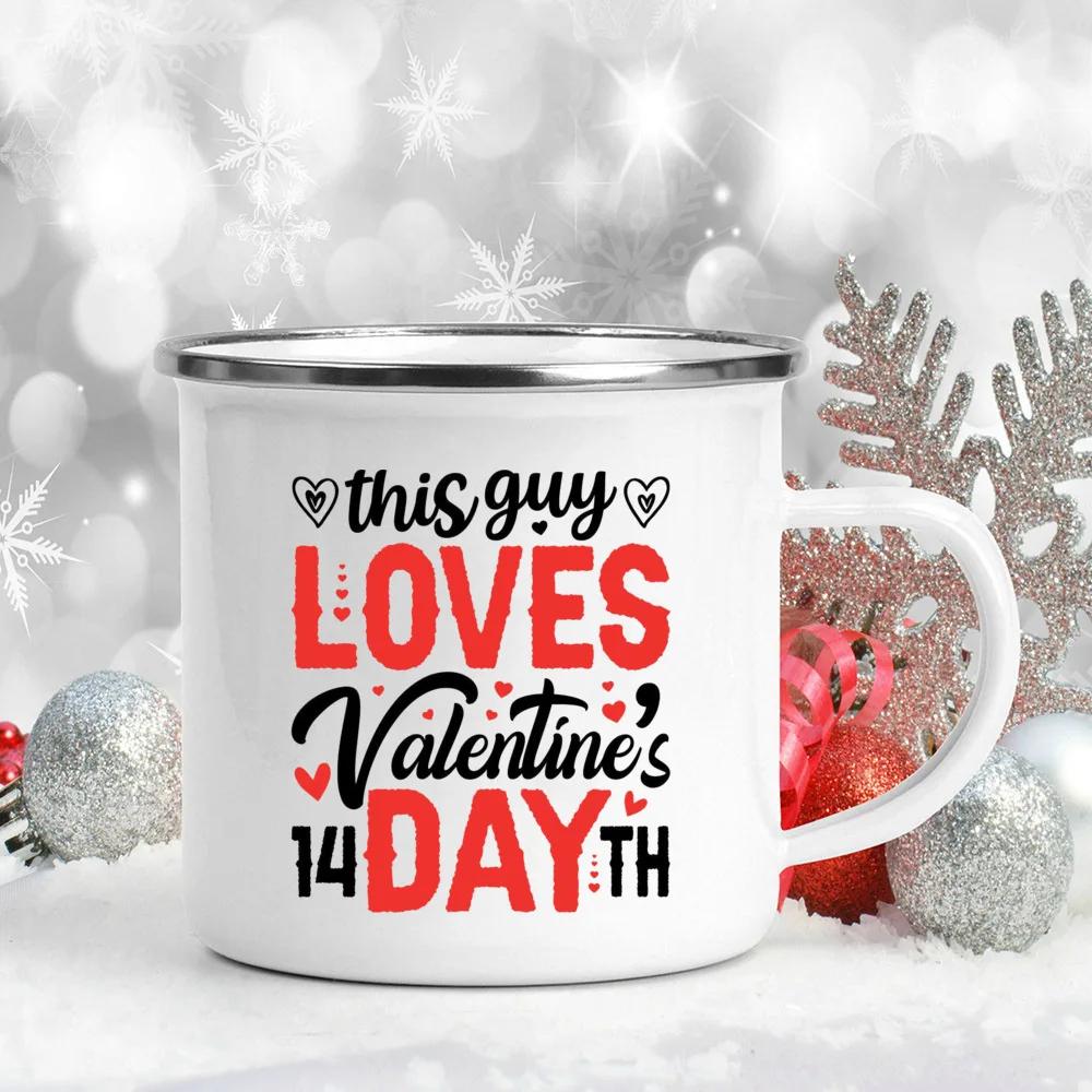 Love Heart Printed Camping Mug Valentine Party Juice Milk Cup Coffee Cups Enamel Mugs Valentine's Day Gifts for Family Friends