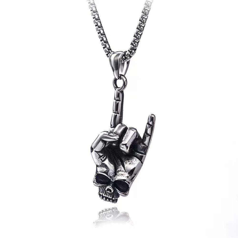 Men's Stainless Steel Necklace with Skull Hand Pendant Hip Hop Style Alloy Chain Accessory for Casual and Streetwear Fashion