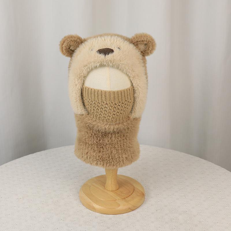 Cartoon bear children's hat, face mask, scarf, integrated pullover hat, winter velvet warm ear protector, knitted wool hat