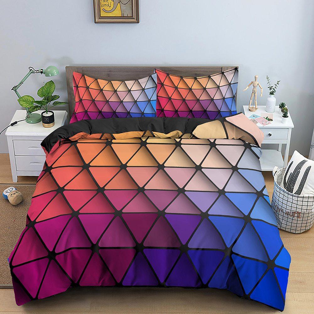Three-Piece 3D Digital Printing Rainbow Color Striped Quilt Set Three-Piece Bedding
