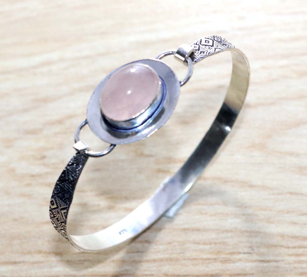 Rose Quartz 925 Silver Plated Bangle 7" Weekend Style Jewelry Fashion Sale P6O45