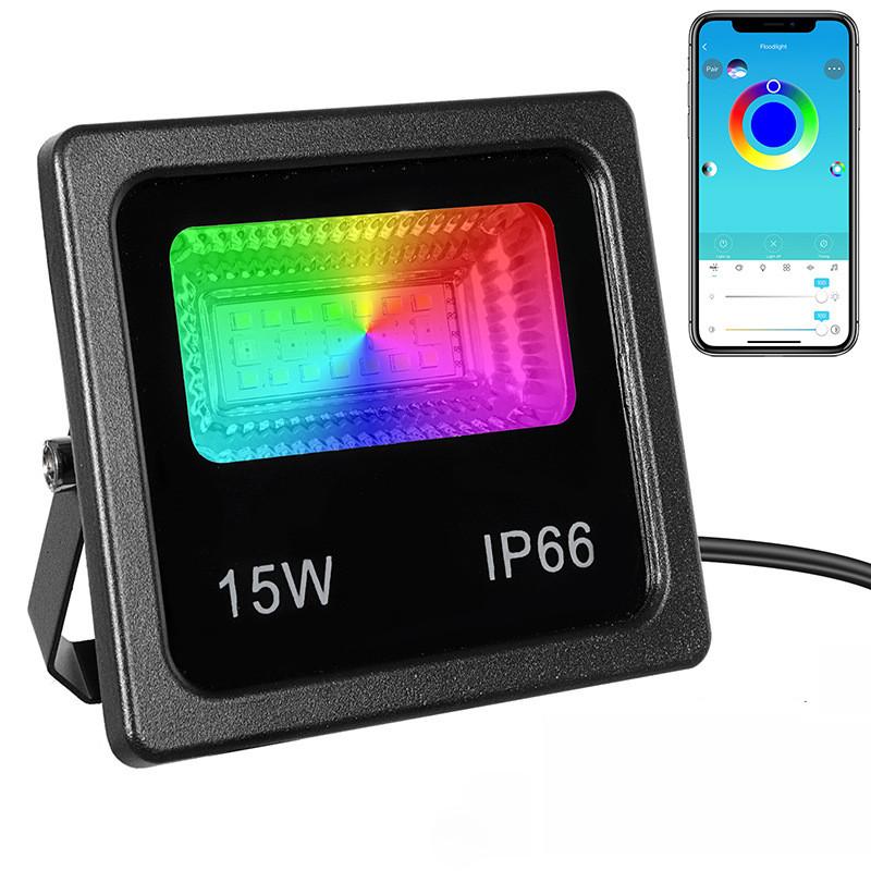 15W Intelligent Bluetooth LED Flood Light APP Controls Outdoor Courtyard Lighting Lamp Dimmable RGB Floodlight