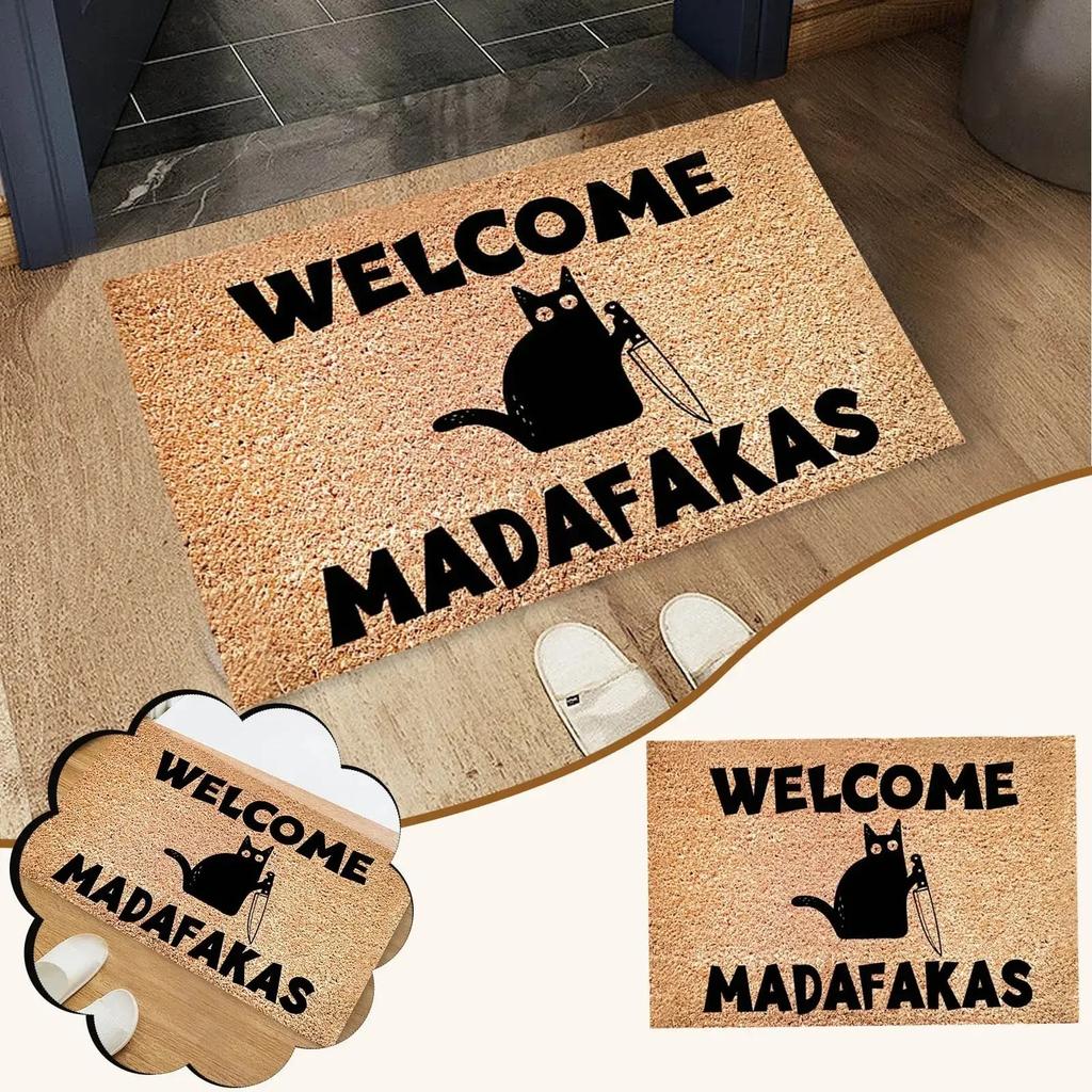 Black Cat Welcomes Madafakas Printed Doormat Home Decor Fun Kitchen Bedroom Rug Indoor Outdoor Entryway Doormat