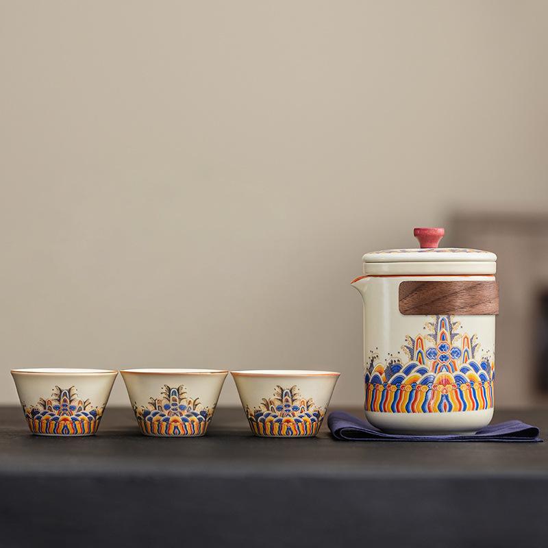 Outdoor Ru Kiln Travel Tea Set Portable Storage Bag One Person Drink Ceramic Kuaike Cup Business