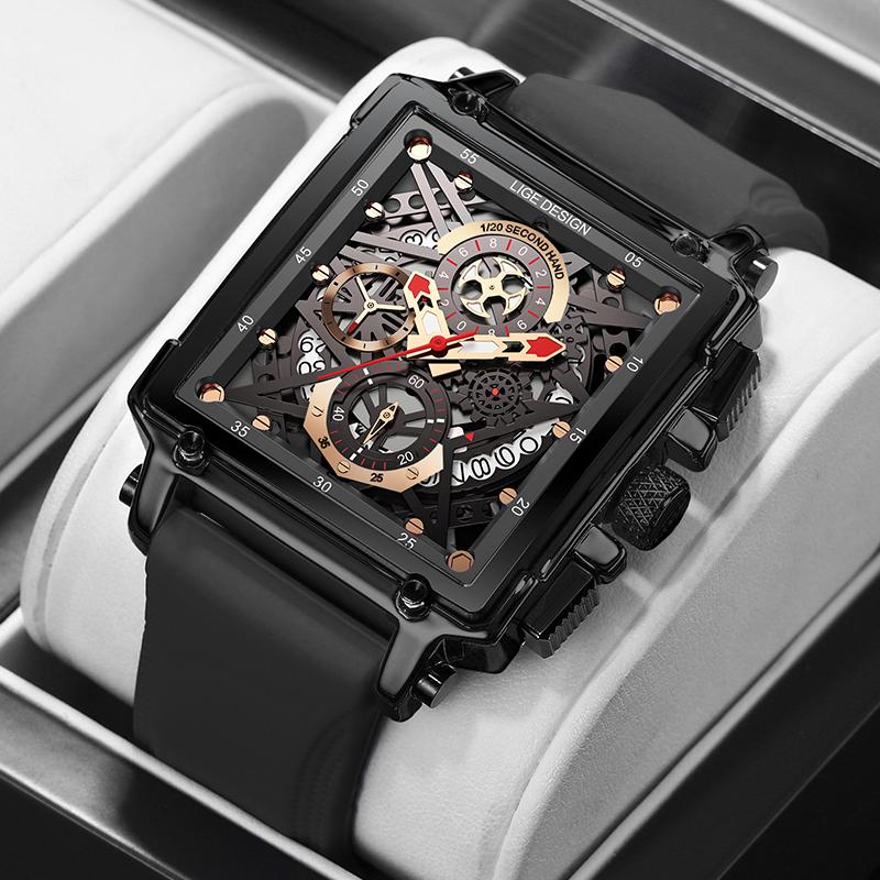 New Creative Hollow Chronograph Square Watch Man Fashion Business Silicone Waterproof Quartz Men's Watches Montre Homme+BOX