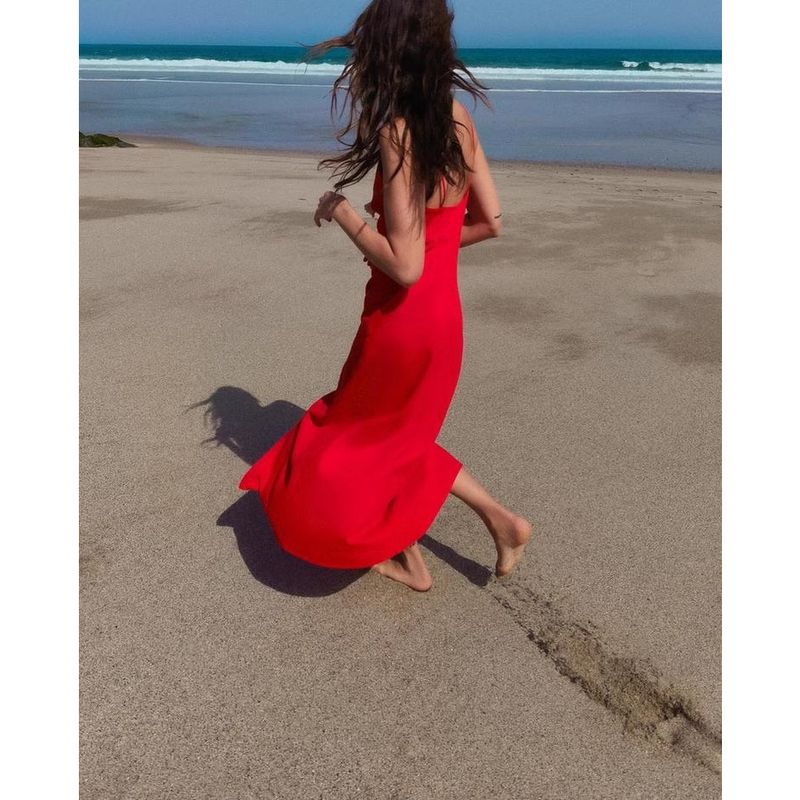Spring New Arrival V-neck Lace Design Decorated Row Button Linen Blended Sling Midi Skirt Dress 7964709