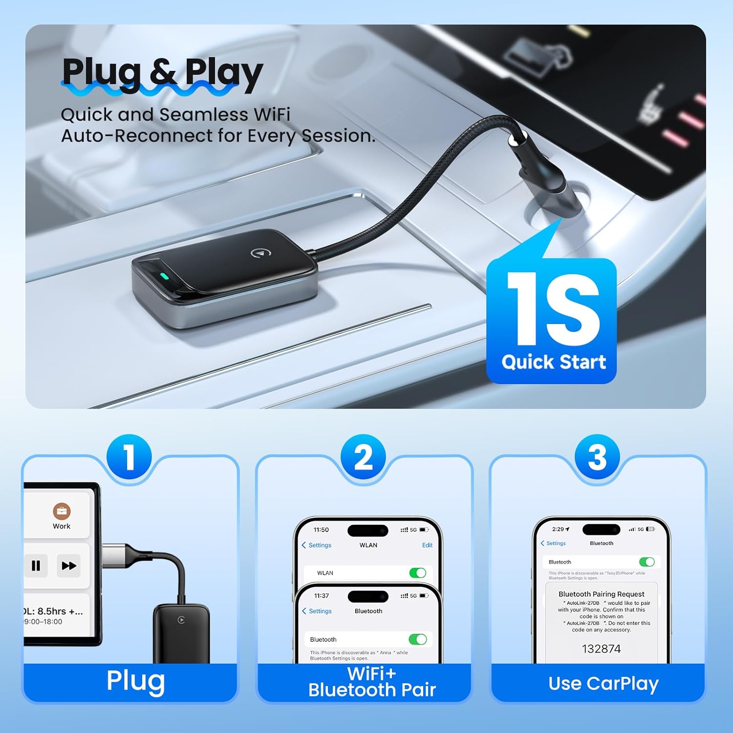 

Беспроводной адаптер CarPlay для iPhone, преобразует проводной в беспроводной адаптер Apple Carplay, совместим с iOS 10+ и автомобилями с 2016 года, мини-размер, подключи и работай