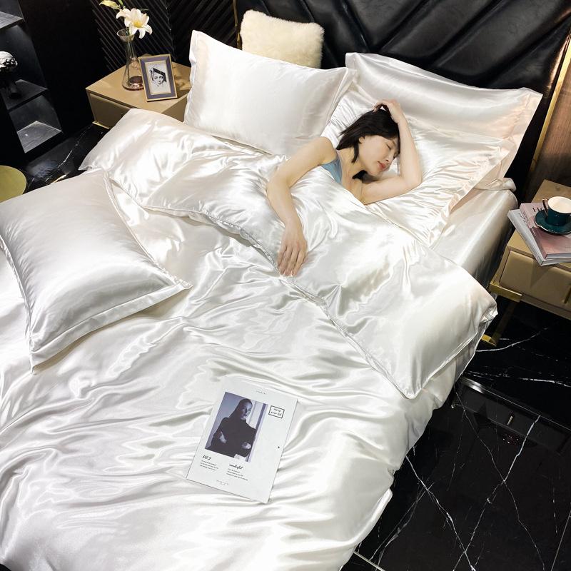 Luxury Mulberry Silk Bedding Set with Duvet Cover Fitted/Flat Bed Sheet Pillowcase Blending Silk Sheet Set Silky Satin Bedsheet