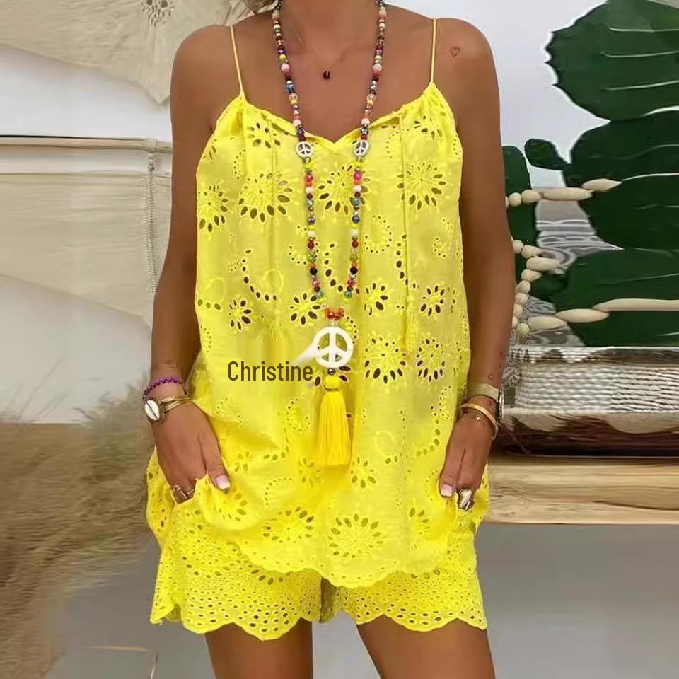 2023 Sleeveless Ruffle Camisole & Embroidered Cotton Shorts Set