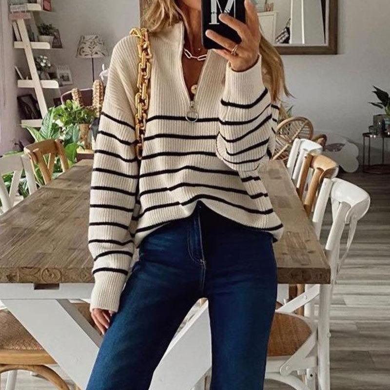 Autumn Loose Striped Long Sleeve Pullover Women's Sweaters Winter Tops Vintage Zipper Round Neck Knitted Sweater Woman Elegant Ladies Jumpers 25130