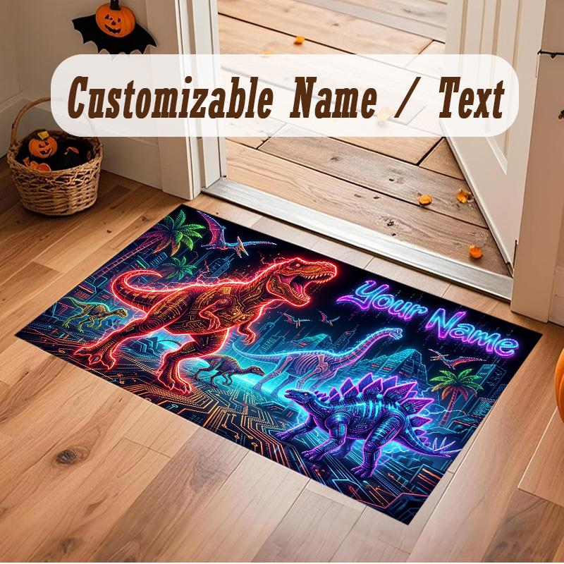 Dinosaur Theme Soft Crystal Velvet Rug Custom Name & Text Print Non Slip Floor Rug for Bedroom Living Room