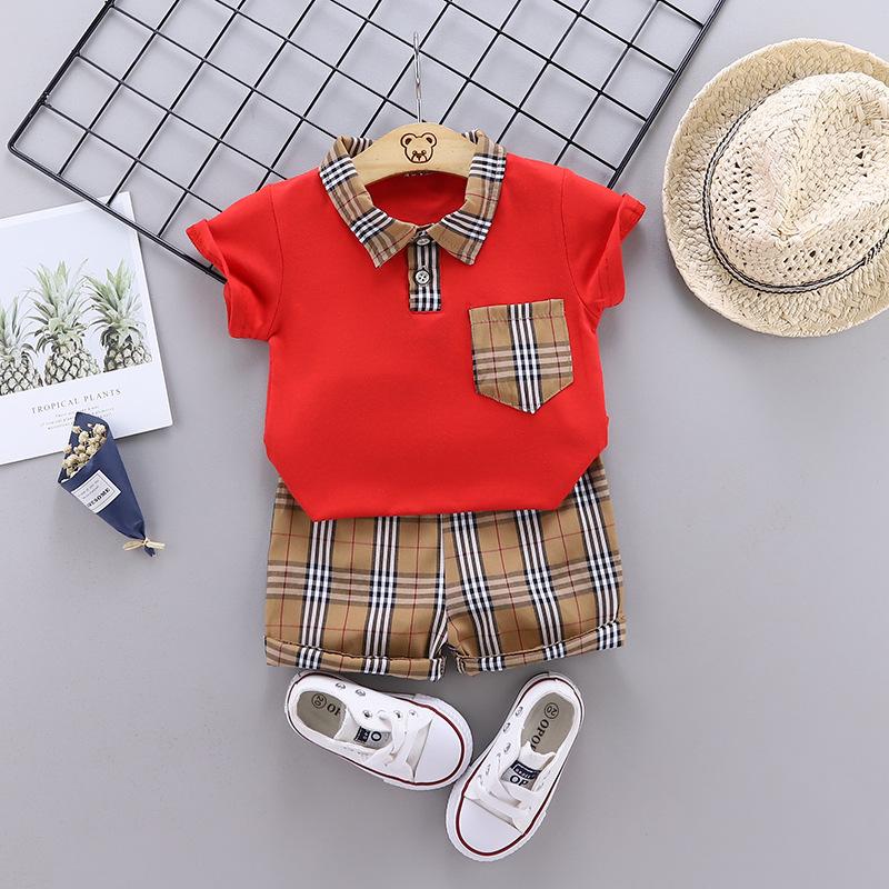 0-4 Years Summer Boys Plaid Pattern Cotton Suit Casual Short Sleeve 2pcs Clothing Set