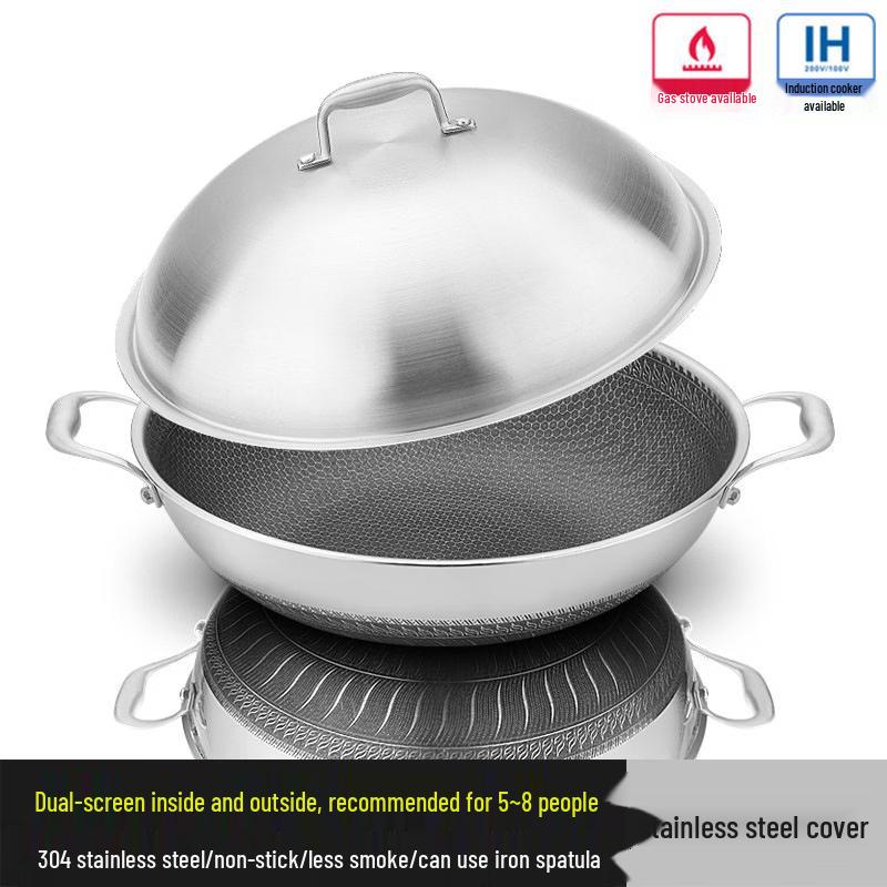 

ZISIZ 38cm 304 Stainless Steel Universal Double-Handle Wok