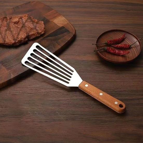 Stainless Steel Slotted Spatula with Wooden Handle Heavy-Duty Turner for Steak Fish BBQ Heat-Resistant Rust-Proof Essential Kitchen Tool for Flipping