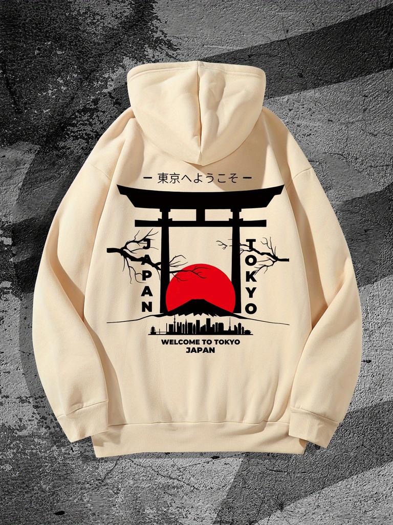 Men's Autumn Winter Tokyo Skyline Graphic Hoodie - Japanese Torii Gate & Rising Sun Design, Relaxed Fit Casual Pullover