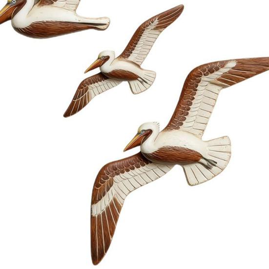 3 Pcs Wood Flying Pelican Wall Art Coastal Theme Nautical Wall Decor Rustic Beach Wooden Bird Sculpture for Living Room Bedroom Home Decor