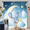 2PCS Digital Print Curtain, Cute Cartoon Elephant Moon Stars Pattern, Watercolor Nursery Theme for Baby Kids Bedroom Home Decor