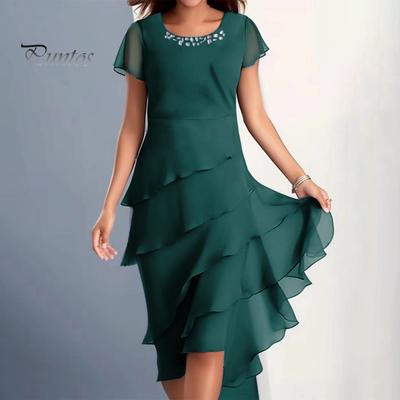 Exquisite Workmanship Gown Dress Women Elegant O-Neck Beaded Decor Short Sleeve Midi Soft Chiffon Layered Cake Hem Flowy Party Wedding Guest