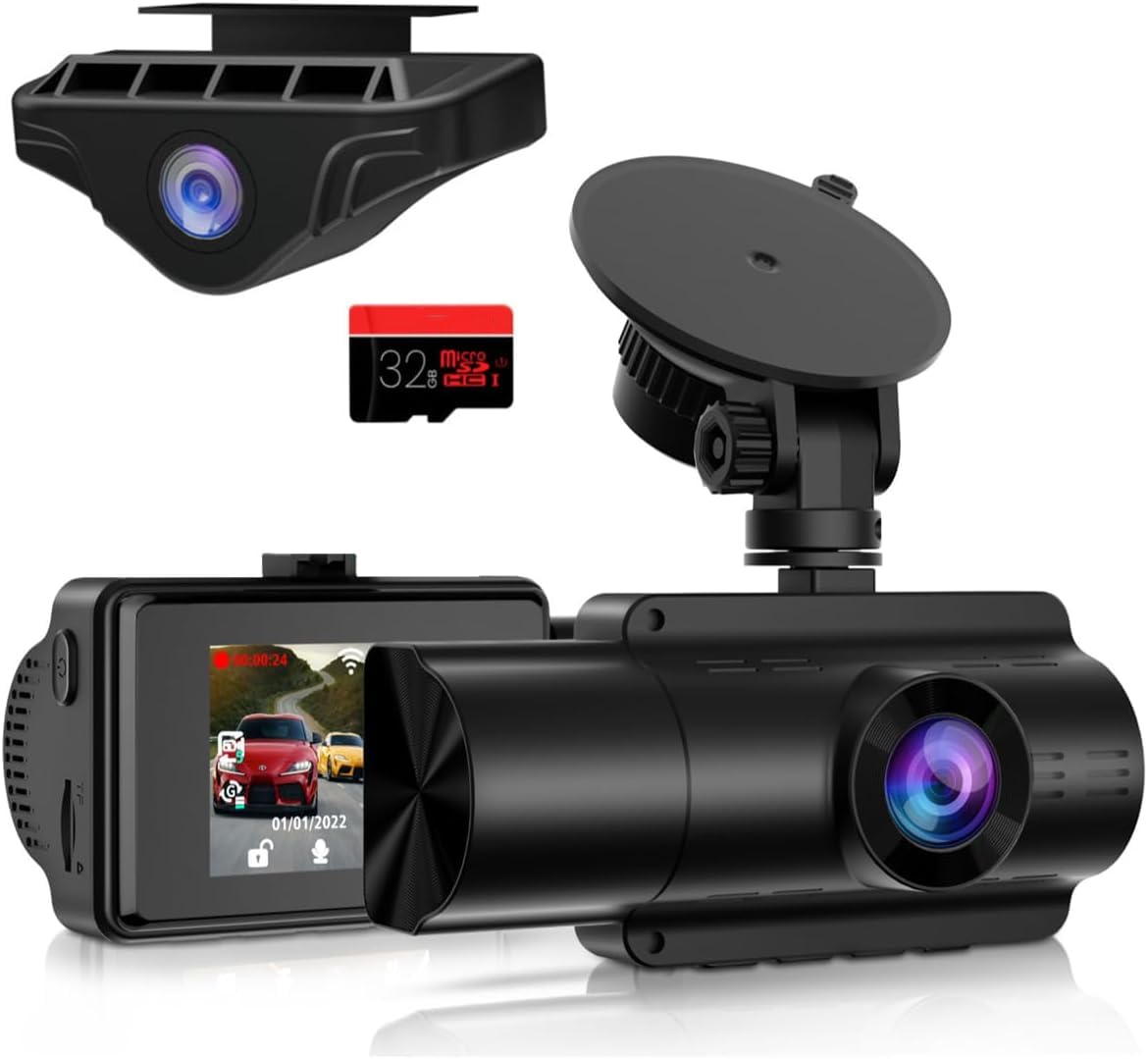 

LAMONKE Видеорегистратор, 3 камеры, 4K Wi-Fi, Маленький видеорегистратор, Передняя и задняя камера,