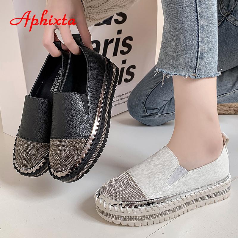 Fashion Aphixta 2025 New Crystals Luxury Leather Flats Shoes Women Hand Stitching Slip-on Flat Platform Footwear Plus Big Size 42 43