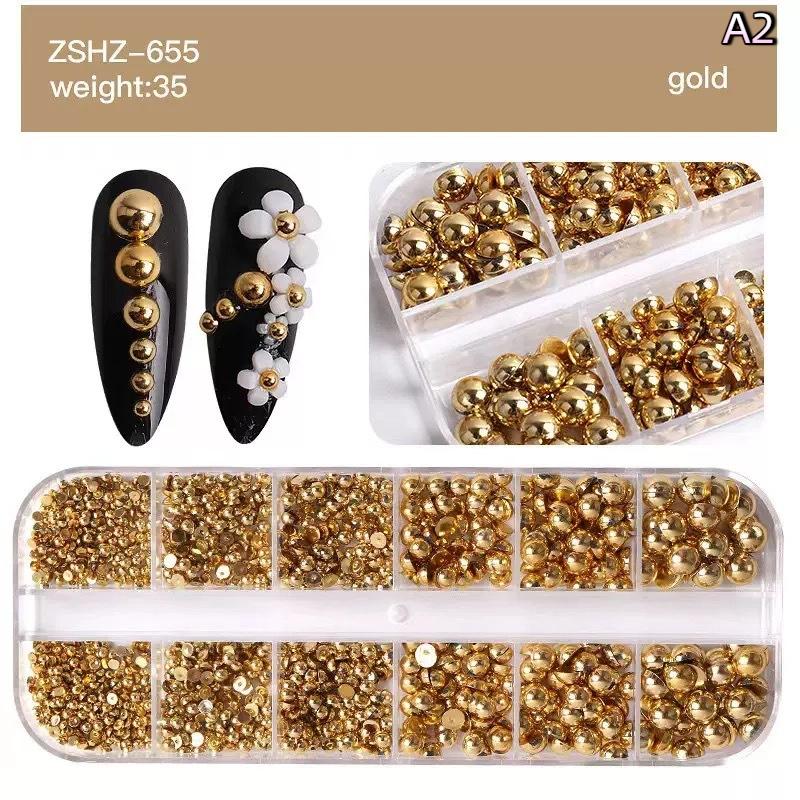 12Grids Manicure Nail Salon Accessories Mixed Semi-circular Pearl Gold And Silver Nail Charms Nail Decor