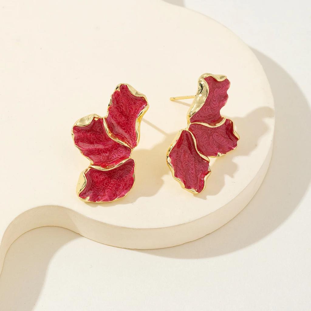 Hibiscus Dropped Glaze Flower Stud Earrings for Women Girl French Vintage Fashion Accessories Wedding Romantic Zircon Gifts