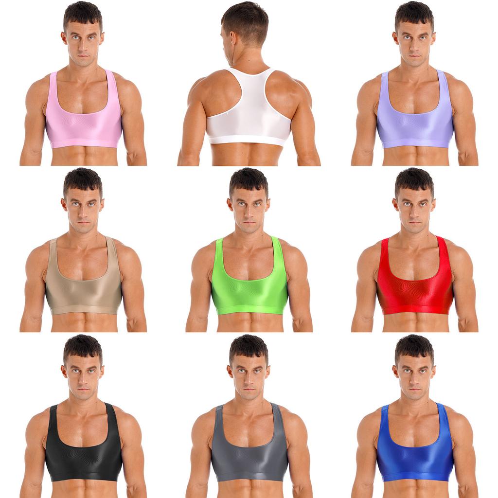 Canottiere da uomo lucide con scollo a U a tinta unita senza maniche crop top gilet per sport fitness yoga