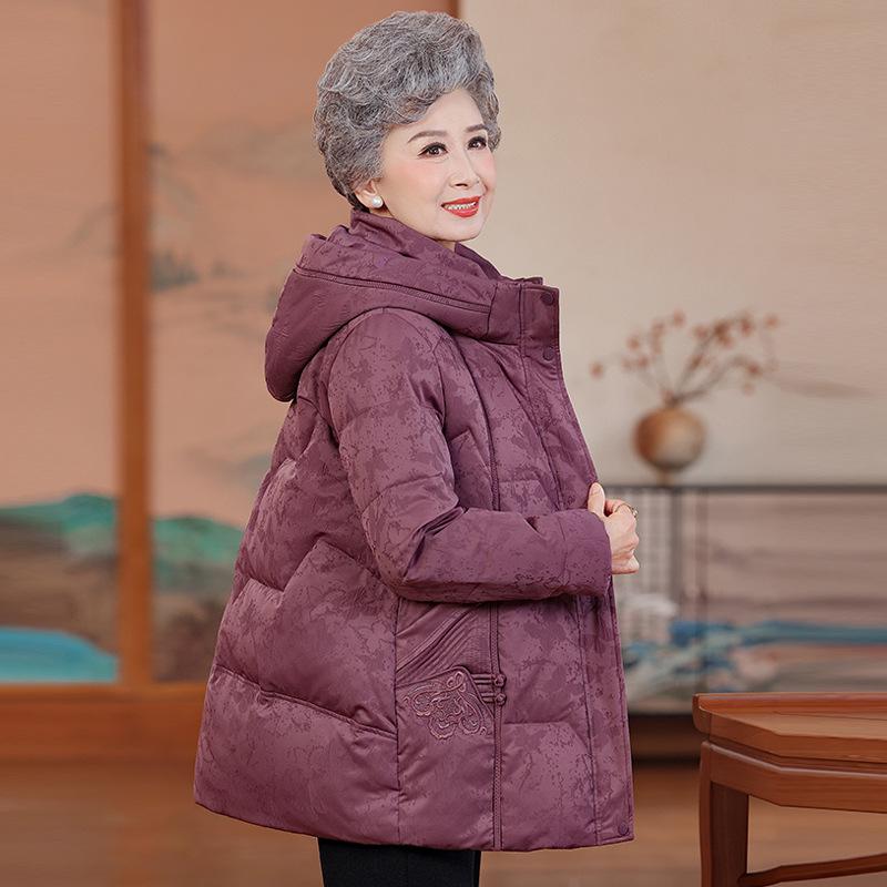 Elegant Winter Hooded Duck Down Jacket for Middle-Aged & Elderly Women - Warm Chinese Style Outerwear