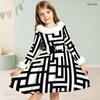 Girls High Neck Long Sleeve Black White Geometric Printed Fur Trim Bow Waist A Line Flared Dress