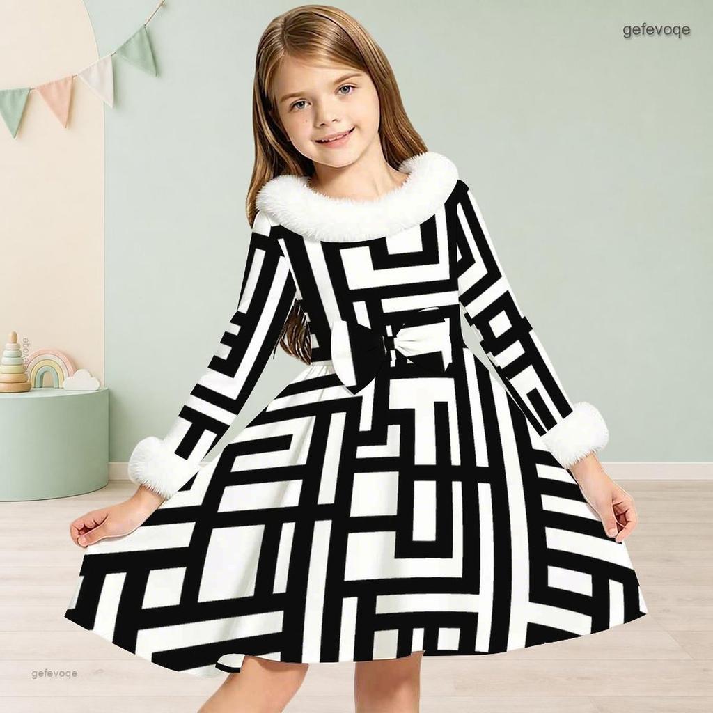 Girls High Neck Long Sleeve Black White Geometric Printed Fur Trim Bow Waist A Line Flared Dress