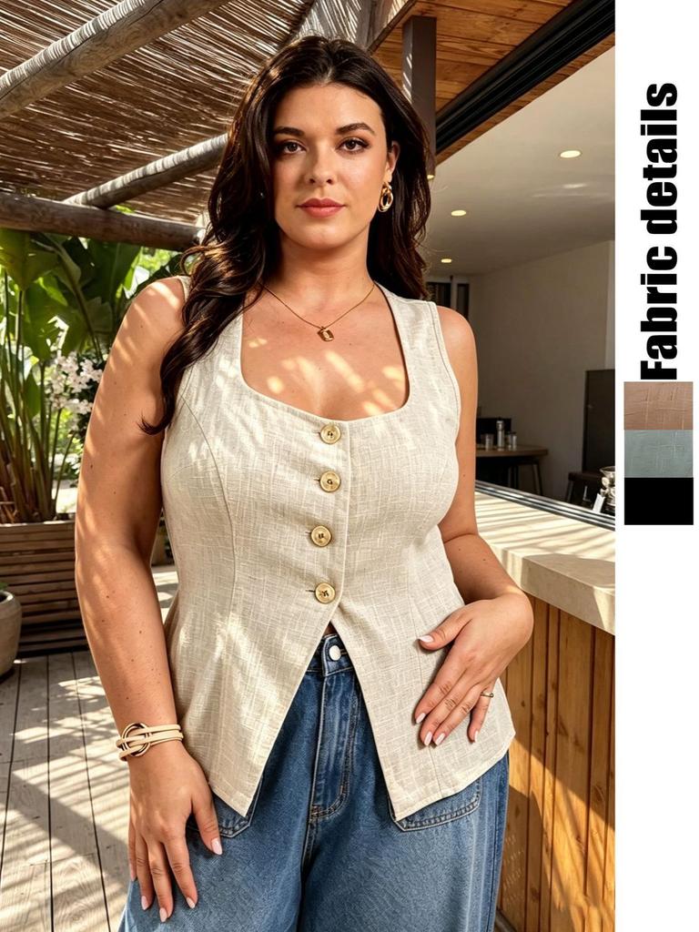2025 Summer Plus Size Women's Retro Slim Fit Square Neck Dress with Metal Buckle - Cotton Linen