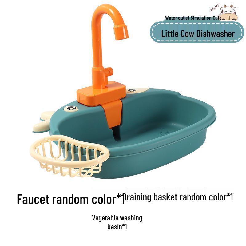 Cartoon Cow Electric Faucet Toy Kitchen Set with Sink, Stove, and Play Fruits & Vegetables