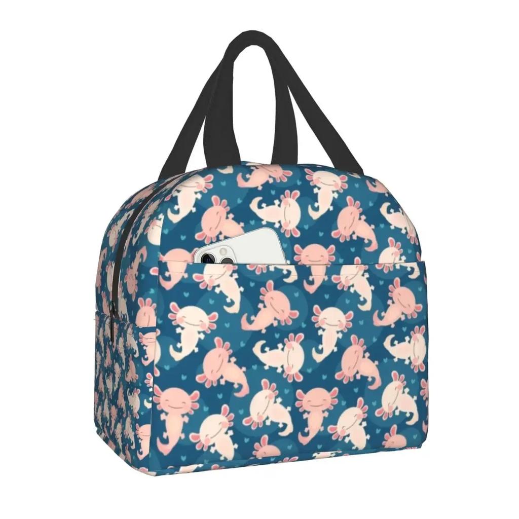 Geantă de prânz drăguță cu axolotli pentru femei, copii, școală, copii, cooler pentru alimente, caldă, izolată, cutie de prânz, portabilă, camping, călătorie, geantă de picnic