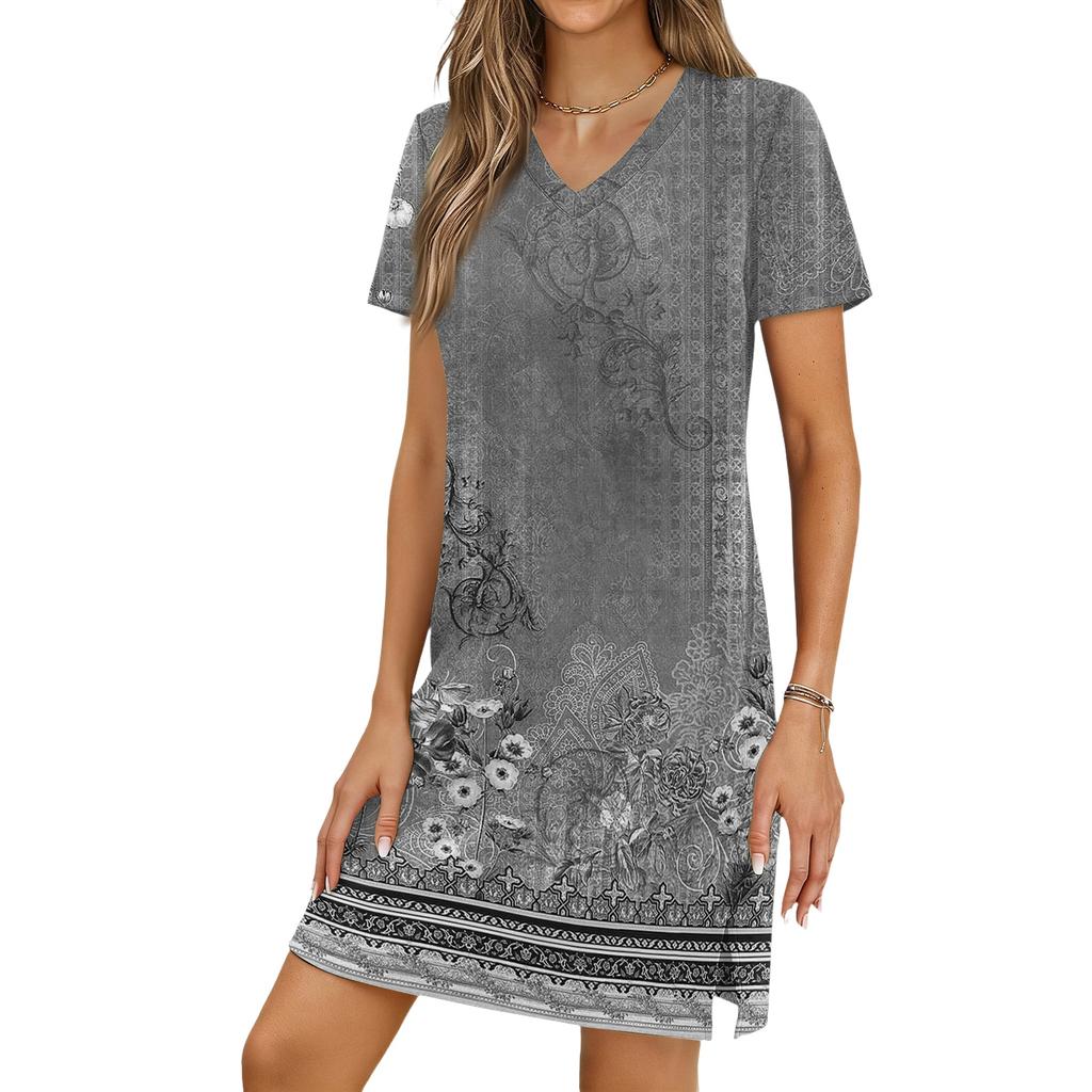 Women's Casual V-neck Short Sleeve Split Hem Vintage Printed Dress