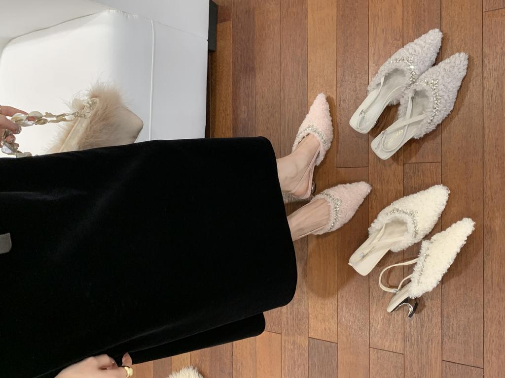 2025 autumn and winter new pointed-toed thin-heeled rhinestone sandals European and American fashion sweet bag head high-heeled fluffy shoes