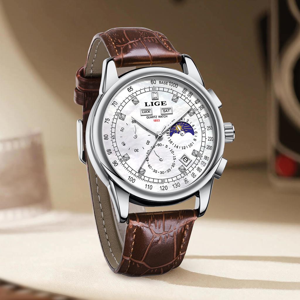 LIGE Fashion Man Watch Top Brand Luxury Leather Casual Quartz Men's Watches Sport Waterproof Clock Watch Date Week Moon Phase