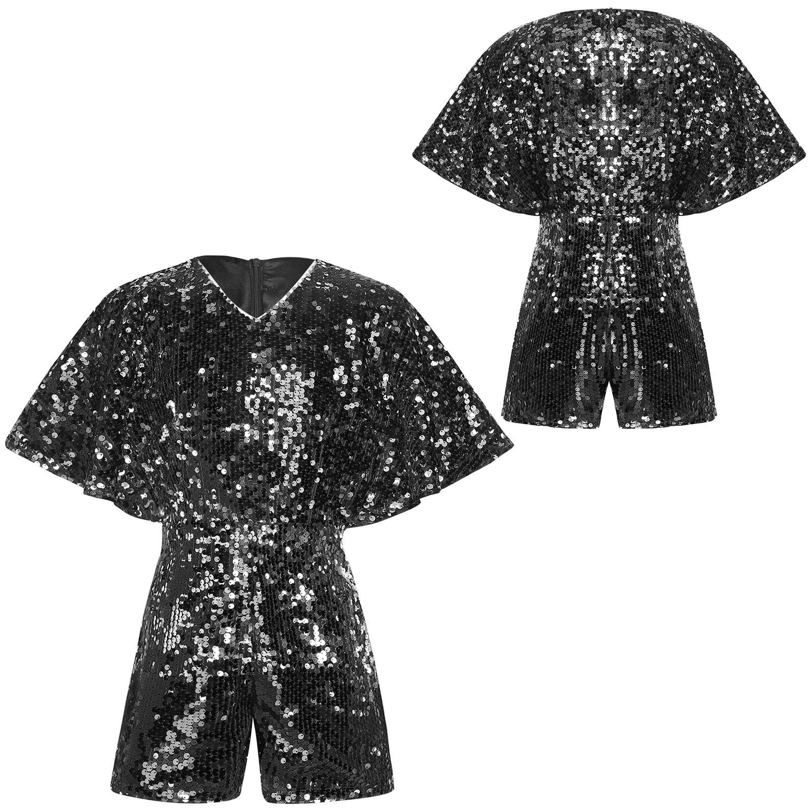 

Girls Sparkling Sequins Jumpsuit: V-Neck Cap Sleeve Bodysuit for Birthday Party, Stage Performance & Dance Recital 5-6 Years чорний