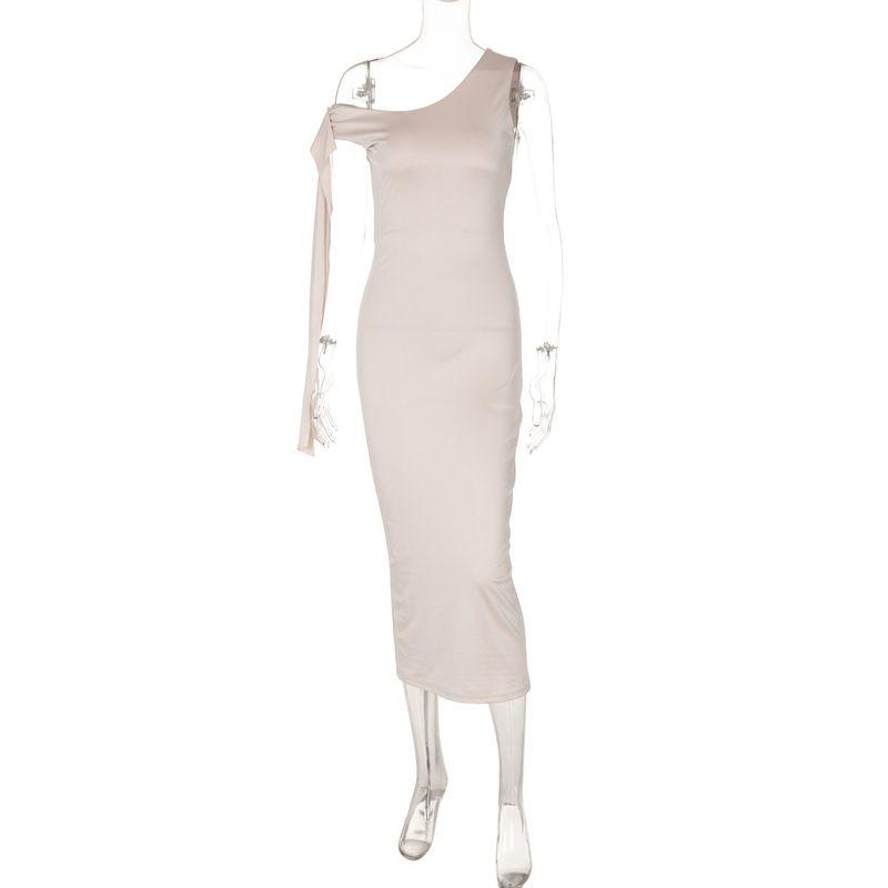 

Hanging Sleeve Ribbon Wrapped Hip Dress Patchwork Hanging Sleeve Streamer One Shoulder Dress Apricot color L