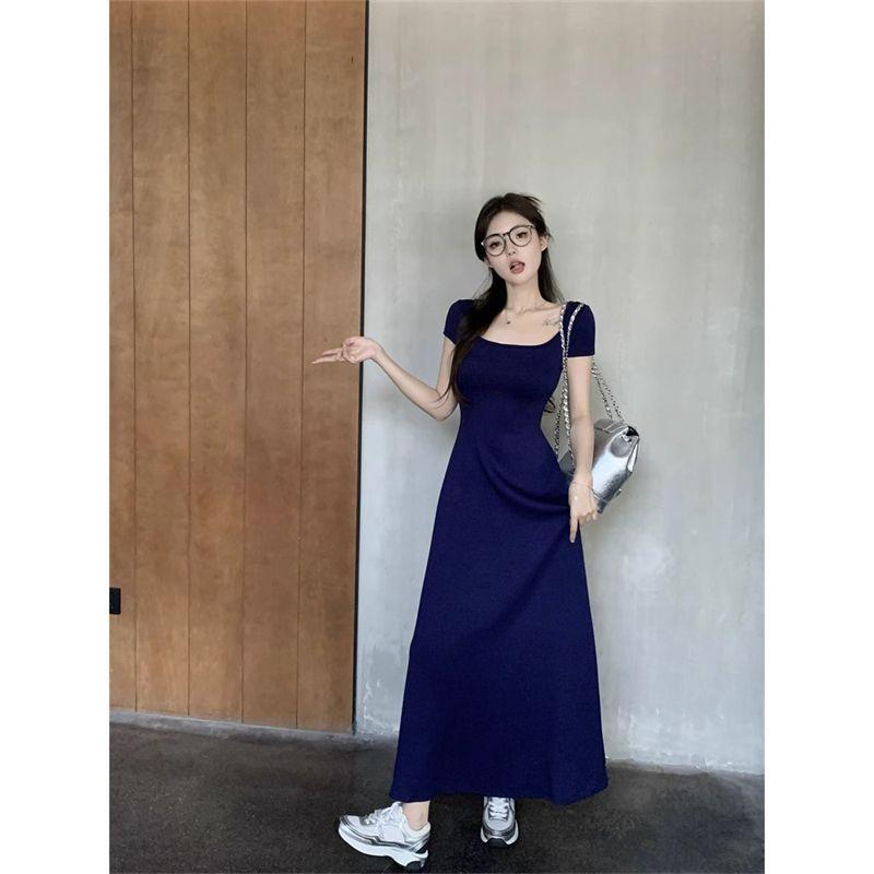 French sweet and spicy style sexy square-neck dress for women, summer Korean design with a cinched waist fitted hip-hugging long dress
