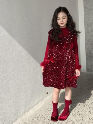 Girls' Sequin Vest Dress: 2025 Winter Fleece-Lined Princess Dress for Kids
