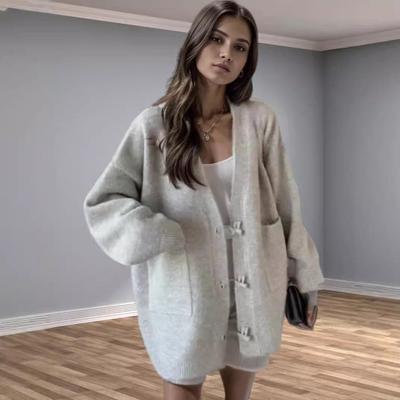 Women's Plus Size Horn Toggle Knit Cardigan - 2024 Autumn/Winter Loose Outerwear Sweater Coat