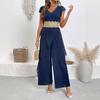 New Summer Casual Simple and Elegant Lace Patchwork V-neck Jumpsuit