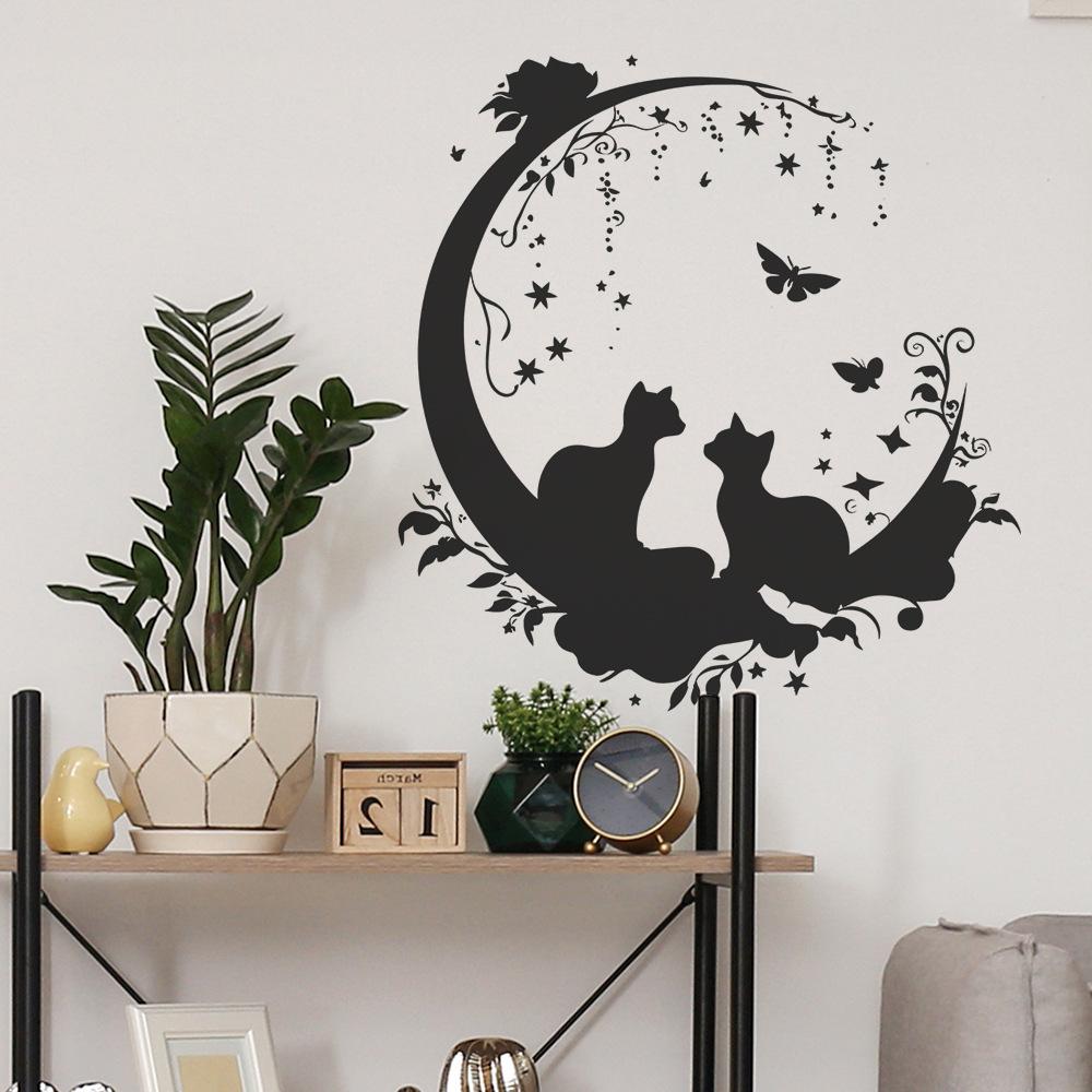 Creative Couple Cats Silhouette Wall Stickers, Romantic Home Decor for Bedroom, Living Room and Hallway, Love Themed Wall Art