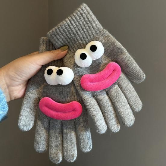 Vtipné kreslené pletené rukavice Roztomilé velké oči Teplé rukavice Zimní žebrované rukavice s dotykovou obrazovkou na řízení, dojíždění, cyklistiku, každodenní pochůzky