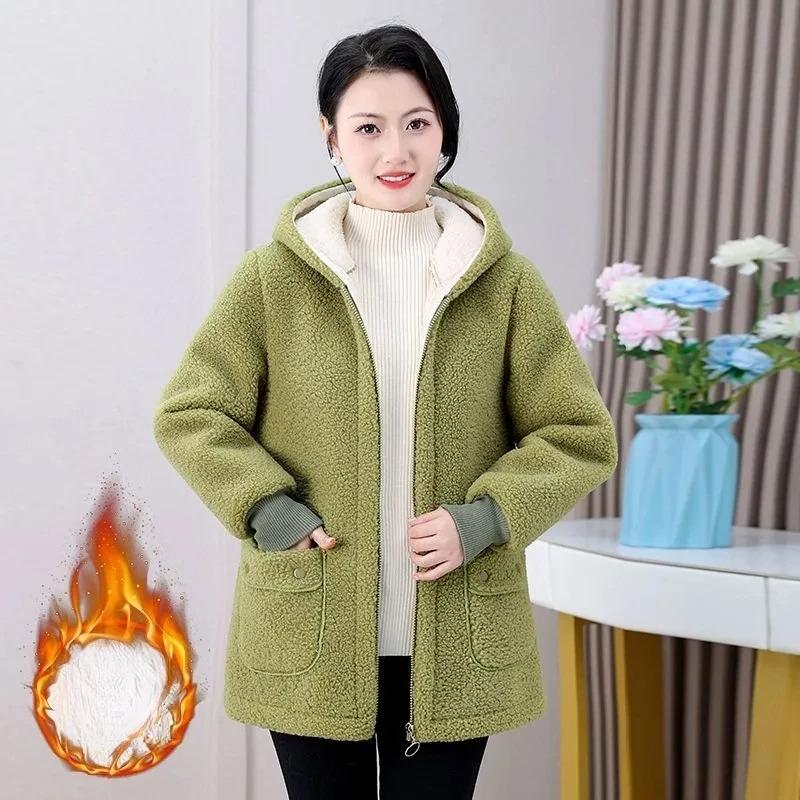 Winter Thick Fleece Single Breasted Lamb Fur Women's Coat Hooded Lapel Pocket Imitation Fur Warm Casual Jacket Female
