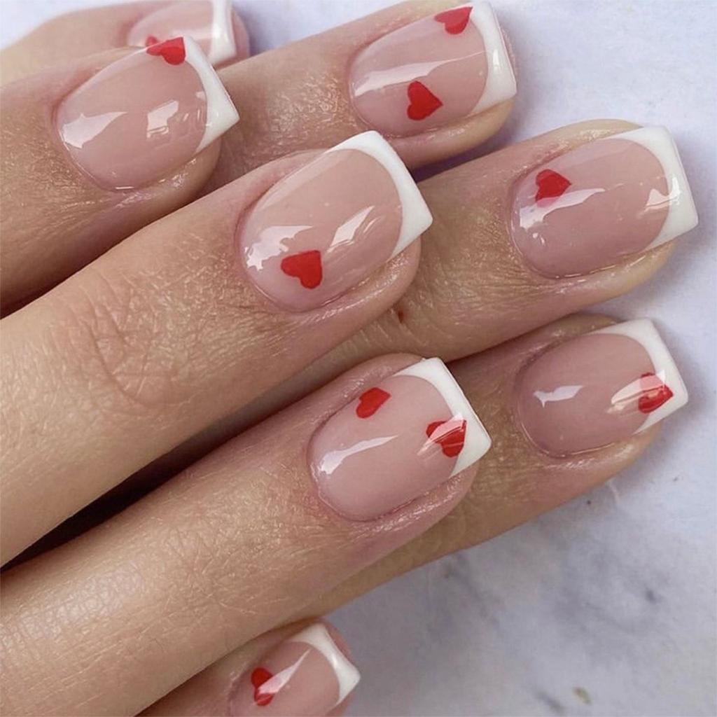 24 Pcs Valentines Day Press On Nail White French Tip False Nail Heart Acrylic Nail Short Square Stick on Nail